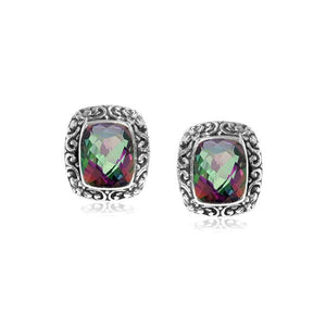 Wholesale sterling silver Mystic Quartz cushion stud earrings with polished finish and push-back lock.