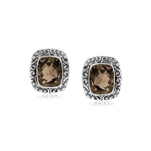 Wholesale sterling silver Smokey Quartz cushion stud earrings with polished finish and push-back lock.
