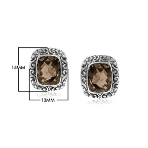 Wholesale sterling silver Smokey Quartz cushion stud earrings with polished finish and push-back lock.