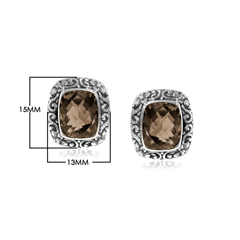 Wholesale sterling silver Smokey Quartz cushion stud earrings with polished finish and push-back lock.