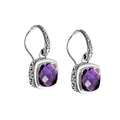 Wholesale sterling silver Amethyst Quartz cushion drop earrings with polished finish and earwire lock.