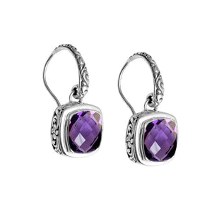 Wholesale sterling silver Amethyst Quartz cushion drop earrings with polished finish and earwire lock.