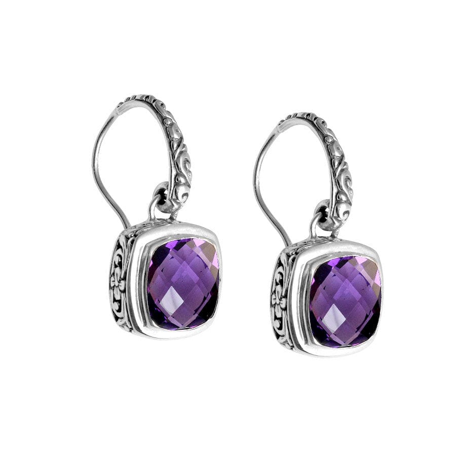 Wholesale sterling silver Amethyst Quartz cushion drop earrings with polished finish and earwire lock.