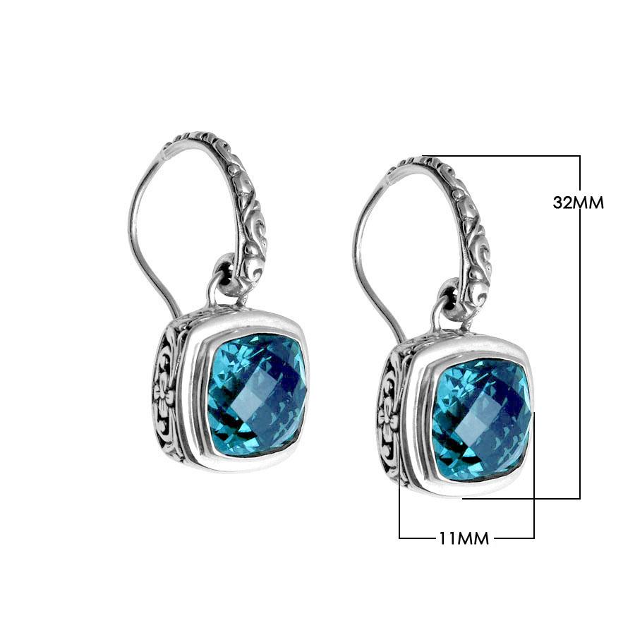 Wholesale sterling silver Blue Topaz Quartz cushion drop earrings with polished finish and earwire lock.