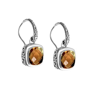 Wholesale sterling silver Citrine Quartz cushion drop earrings with polished finish and earwire lock.