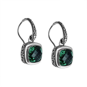 Wholesale sterling silver Green Quartz cushion drop earrings with polished finish and earwire lock.