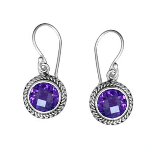 Wholesale sterling silver Amethyst Quartz braided-frame drop earrings with polished finish and earwire lock.
