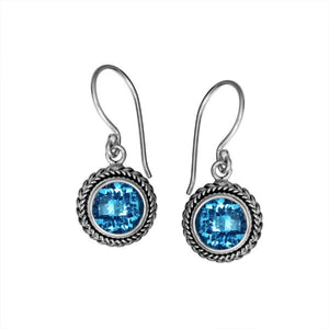 Wholesale sterling silver Blue Topaz Quartz braided-frame drop earrings with polished finish and earwire lock.