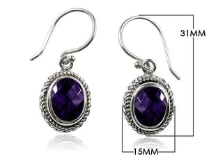 Wholesale sterling silver Amethyst Quartz oval rope-frame drop earrings with earwire lock.