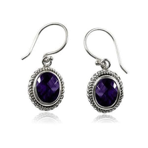 Wholesale sterling silver Amethyst Quartz oval rope-frame drop earrings with earwire lock.