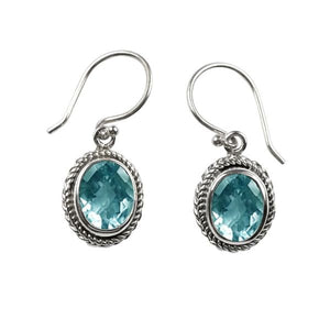 Wholesale sterling silver Blue Topaz Quartz oval rope-frame drop earrings with earwire.