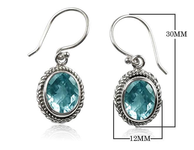 Wholesale sterling silver Blue Topaz Quartz oval rope-frame drop earrings with earwire.