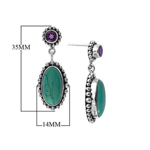 Sterling silver turquoise shell and amethyst quartz oval drop earrings with beaded border