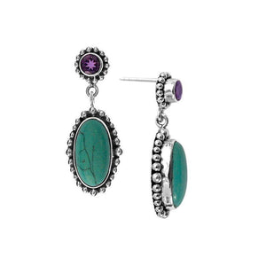 Sterling silver turquoise shell and amethyst quartz oval drop earrings with beaded border