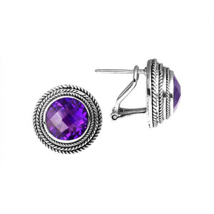 Sterling Silver Amethyst Quartz round omega clip earrings