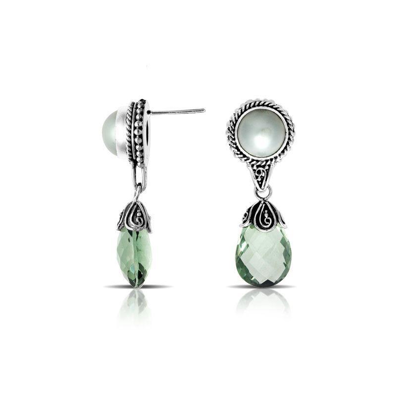 AE-6132-CO1 Sterling Silver Earring With Pearl And Green Amethyst Q. Jewelry Bali Designs Inc 