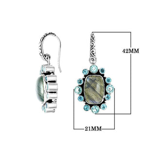 Wholesale sterling silver earrings with Labradorite center and Blue Topaz Quartz cluster accents.