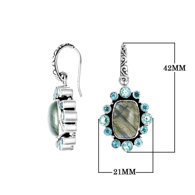 Wholesale sterling silver earrings with Labradorite center and Blue Topaz Quartz cluster accents.