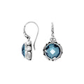Wholesale sterling silver earrings with round Blue Topaz Quartz and sculpted metal detailing.