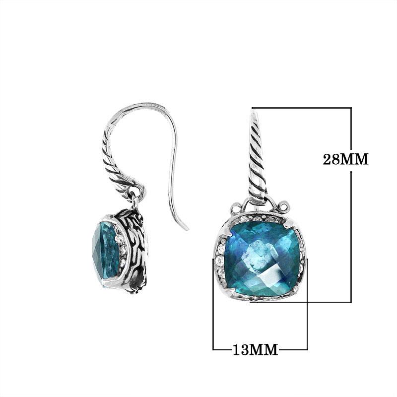 Wholesale sterling silver cushion-style earrings with Blue Topaz Quartz and Cubic Zirconia accents.