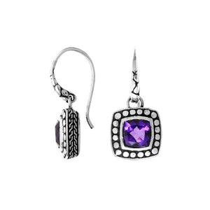 Wholesale sterling silver square earrings with Amethyst Quartz and beaded frame detailing.