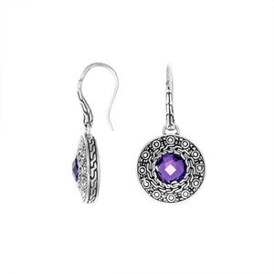 Wholesale sterling silver round earrings with Amethyst Quartz and patterned frame.