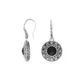 Wholesale sterling silver round earrings with Black Onyx and patterned artisan frame.