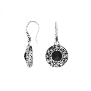 Wholesale sterling silver round earrings with Black Onyx and patterned artisan frame.