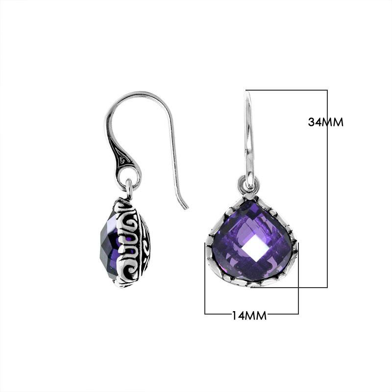Wholesale sterling silver teardrop earrings with Amethyst Quartz and carved side detailing.
