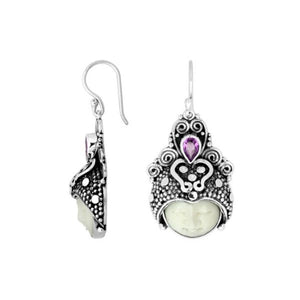 Wholesale sterling silver ornate headdress earrings with carved bone face and Amethyst Quartz accent.
