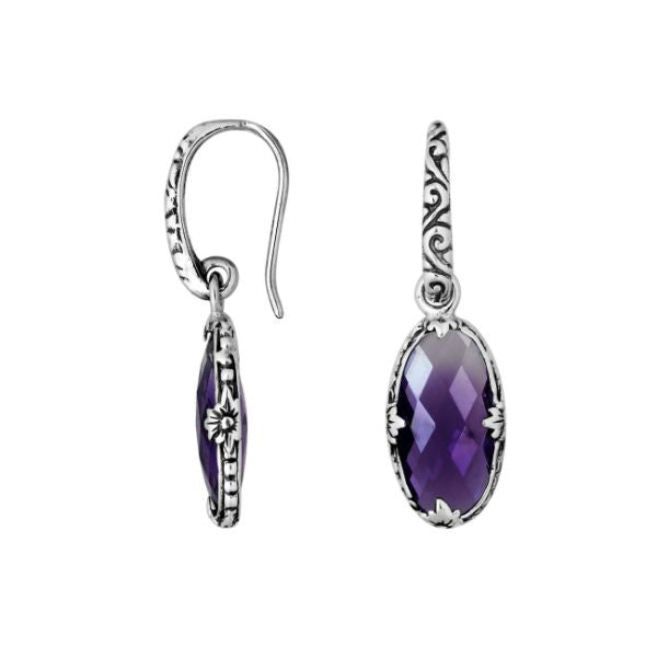 AE-6164-AM Sterling Silver Earring With Amethyst Oval Shape Double Chekerboard Jewelry Bali Designs Inc 
