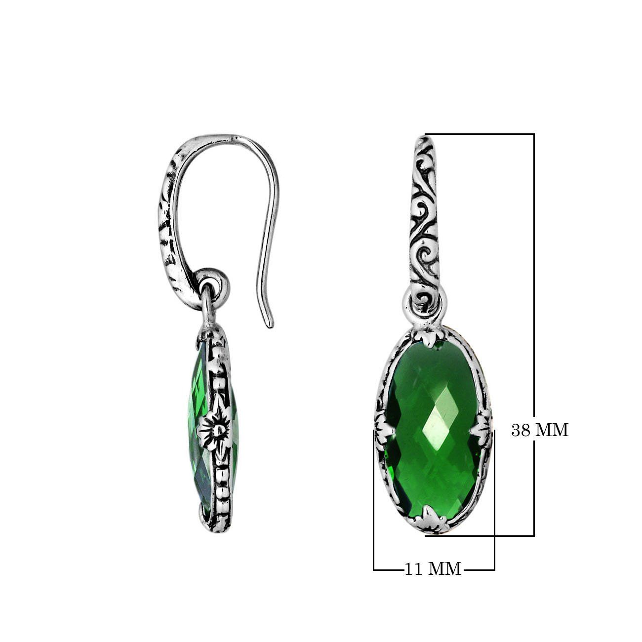 Sterling silver Green Quartz oval scroll drop earrings with oxidized finish and earwire lock.