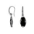 Sterling silver Black Onyx oval scroll drop earrings with oxidized finish and earwire lock.