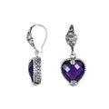 Sterling silver Amethyst Quartz oval scroll drop earrings with oxidized finish and earwire lock.