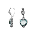 Sterling silver Blue Topaz Quartz heart floral drop earrings with oxidized finish and earwire lock.