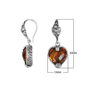 Sterling silver Citrine Quartz heart floral drop earrings with oxidized finish and earwire lock.