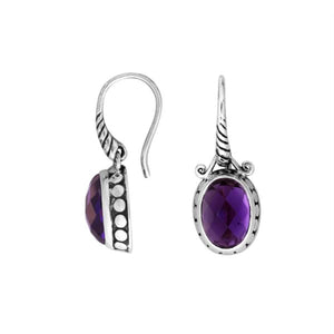 Sterling silver Amethyst Quartz oval drop earrings with oxidized finish and earwire lock.