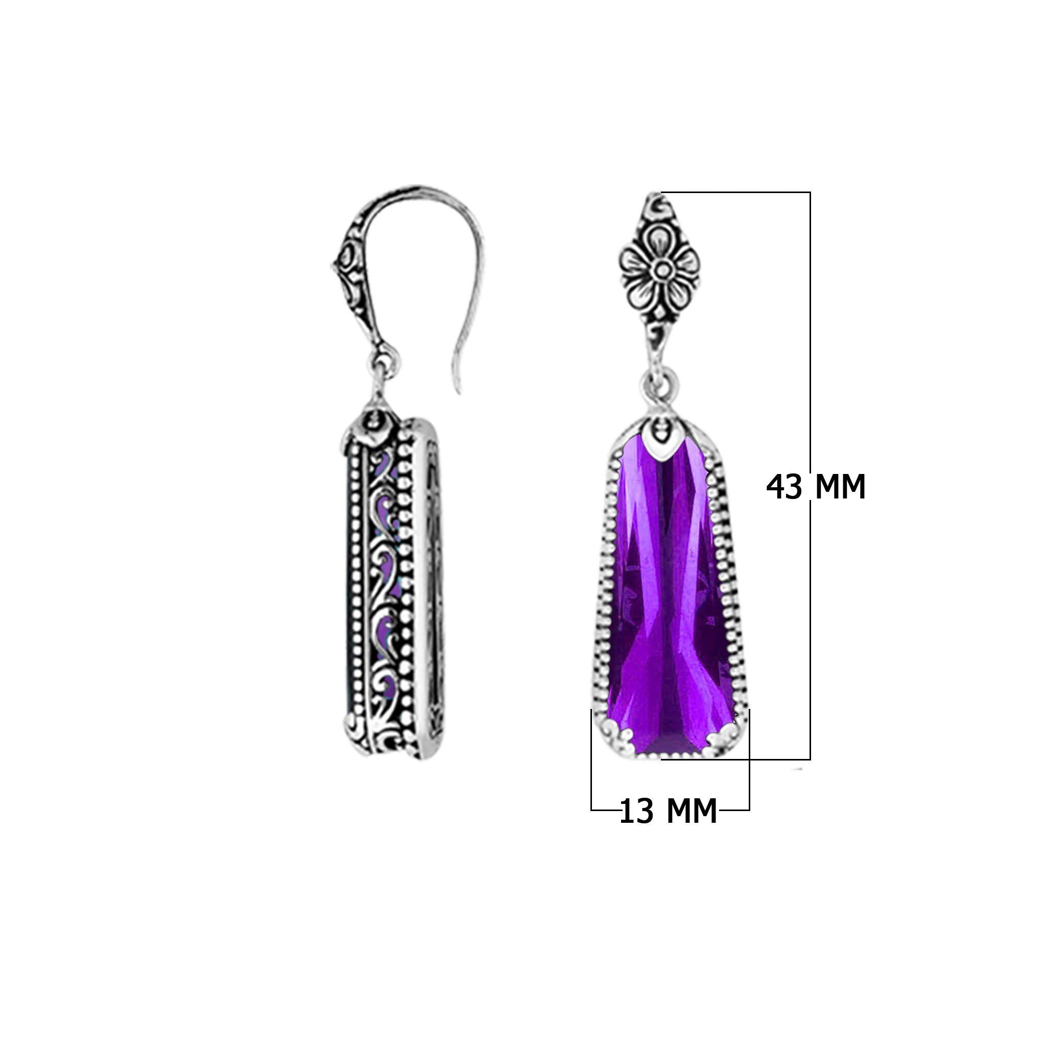 Sterling silver Amethyst Quartz long floral drop earrings with oxidized finish and earwire lock.