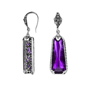 Sterling silver Amethyst Quartz long floral drop earrings with oxidized finish and earwire lock.