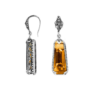 Sterling silver Citrine Quartz long floral drop earrings with oxidized finish and earwire lock.