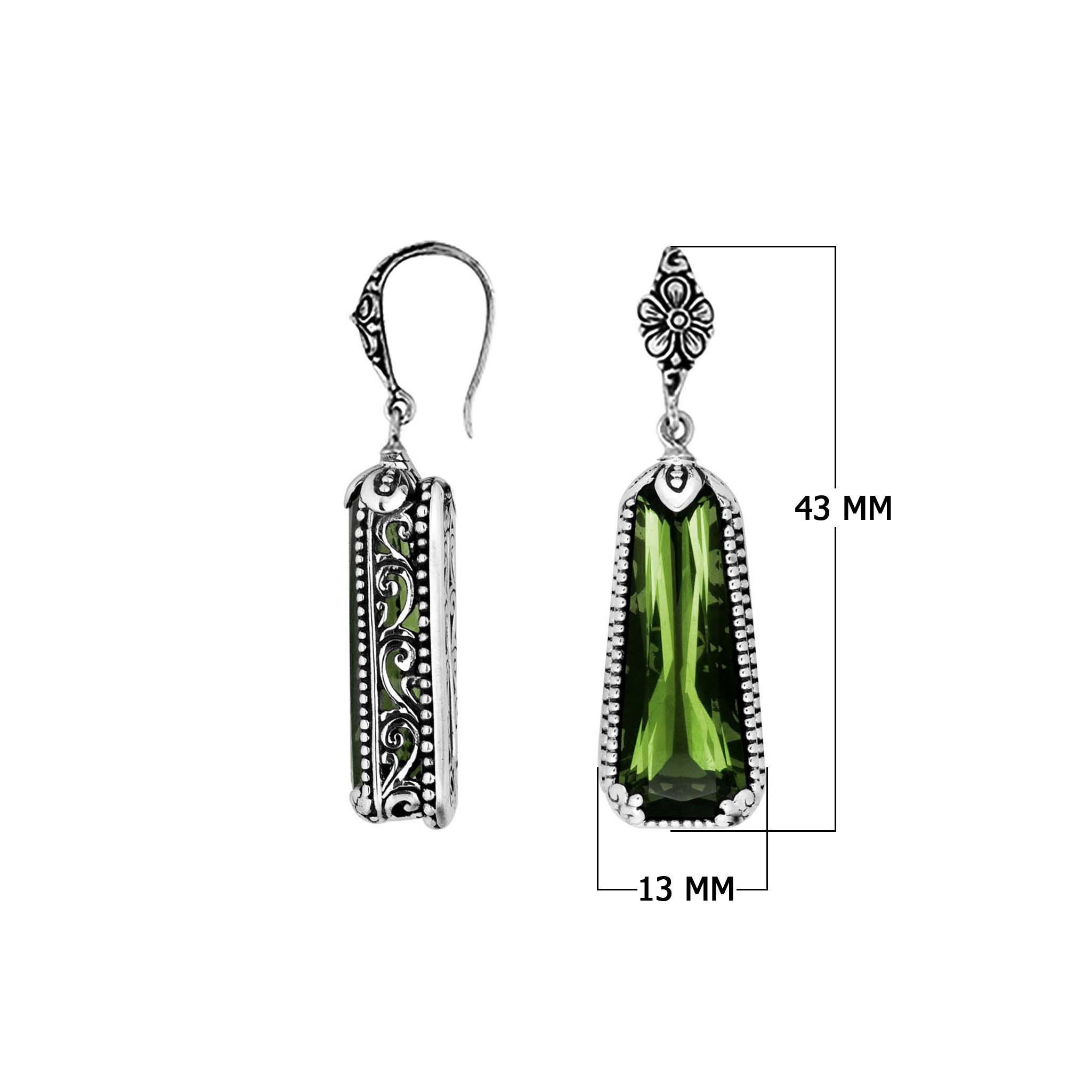 Sterling silver Green Amethyst Quartz long floral drop earrings with oxidized finish and earwire lock.