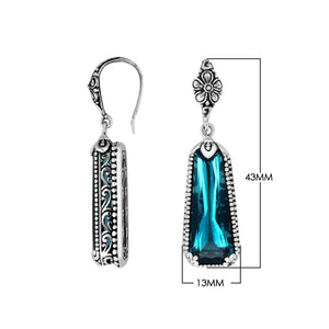 Sterling silver London Blue Topaz Quartz long drop earrings with oxidized finish and earwire lock.