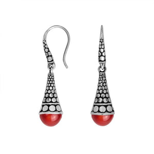 Sterling silver Red Coral long floral drop earrings with oxidized finish and earwire lock.