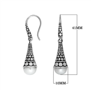 Sterling silver White Pearl textured cone drop earrings with oxidized finish and earwire lock.