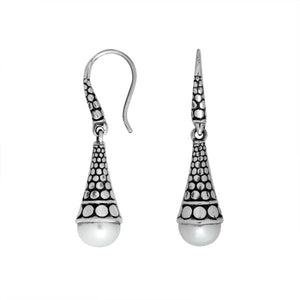 Sterling silver White Pearl textured cone drop earrings with oxidized finish and earwire lock.