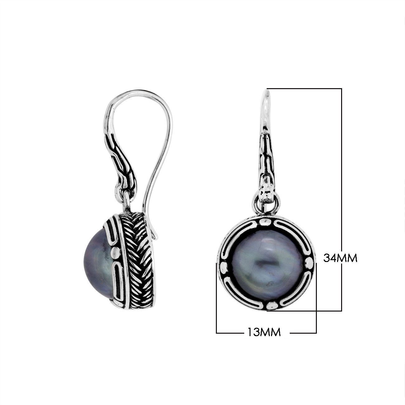 Sterling silver Gray Pearl round drop earrings with oxidized finish and earwire lock.
