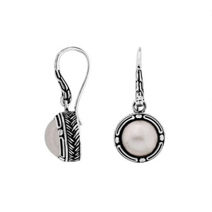 Sterling silver White Pearl round drop earrings with oxidized finish and earwire lock.