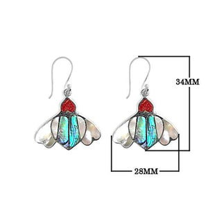Sterling silver Abalone Shell, Red Coral, and Mother Of Pearl drop earrings with oxidized finish and earwire lock.