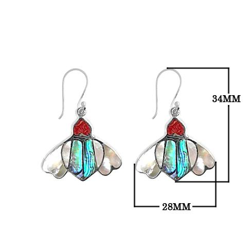 Sterling silver Abalone Shell, Red Coral, and Mother Of Pearl drop earrings with oxidized finish and earwire lock.