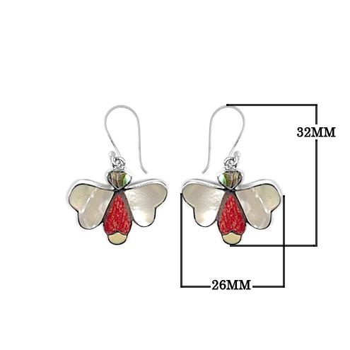 Sterling silver Mother Of Pearl, Red Coral, and Abalone Shell drop earrings with oxidized finish and earwire lock.